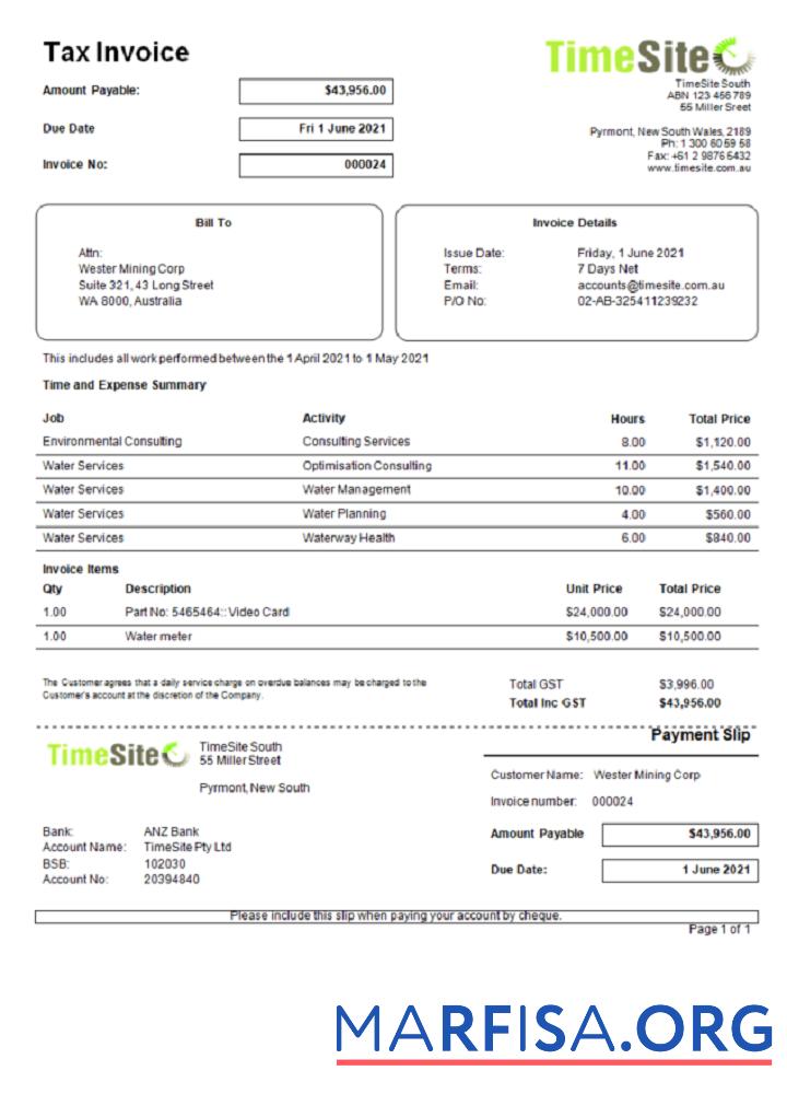Printable Australia TimeSite easy to use application invoice sample